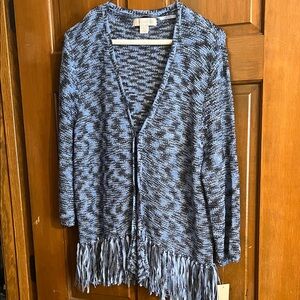 NWT Laura Ashley gray/charcoal black and Blue Fringed Cardigan, Size Large